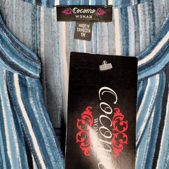 NWT Cocomo Plus Size 1X Blue Stripe Print Studded Pintuck 3/4 Sleeve Blouse Top - Picture 6 of 7